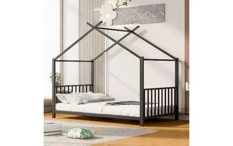 TUYOHW Modern Twin Size Bed Frame, Metal House Platform Bed Frame, Kids Montessori Bed with Headboard, No Box Spring Needed Toddler Bed
