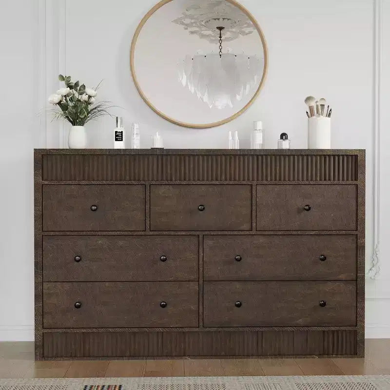 7 Drawer Dresser for Bedroom, 54'' Wide Wooden Dressers, Mid Century Modern Chest of Drawers Storage Organizer,Farmhouse TV Stand for Entryway