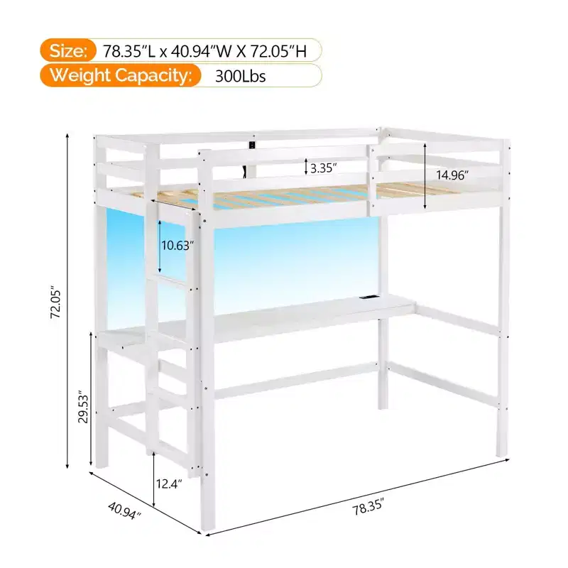 Loft Bed with Desk, Wood Bunk Bed Twin Size with RGB LED for Adults, 2 Charging Stations on High Guardrail, Wood Slat Support, White