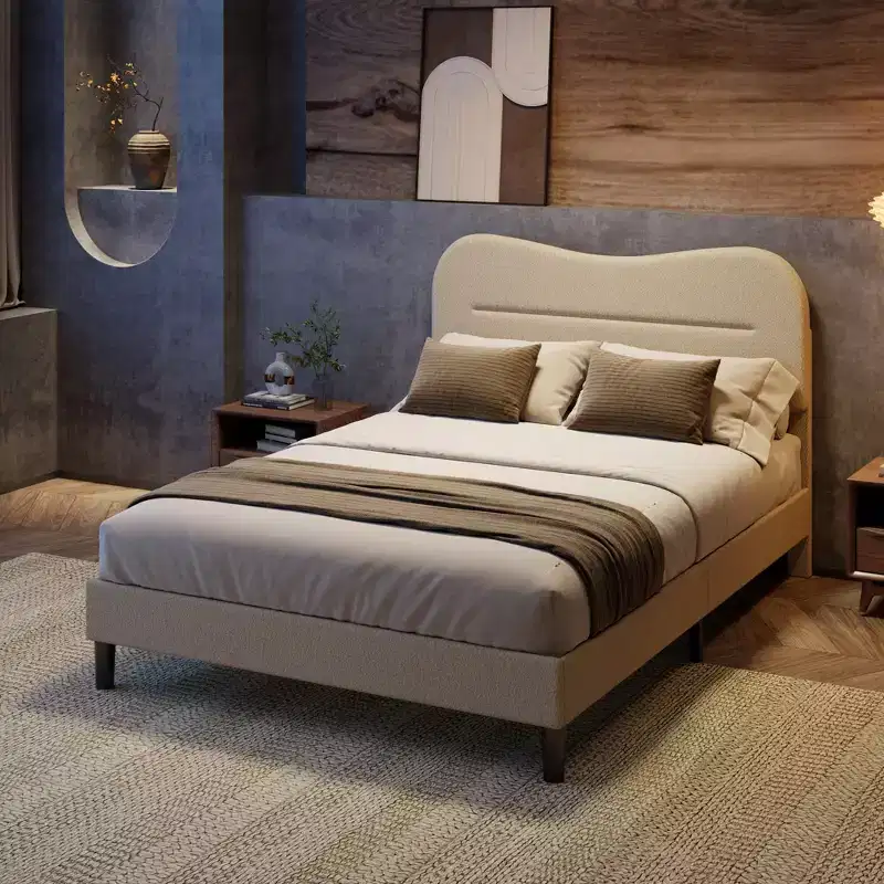 Full Size Upholstered Bed Frame Soft Marshmallow Cloud Headboard Beige Teddy Boucle Fabric Platform Bed Frame No Box Spring Needed Noise Free Design