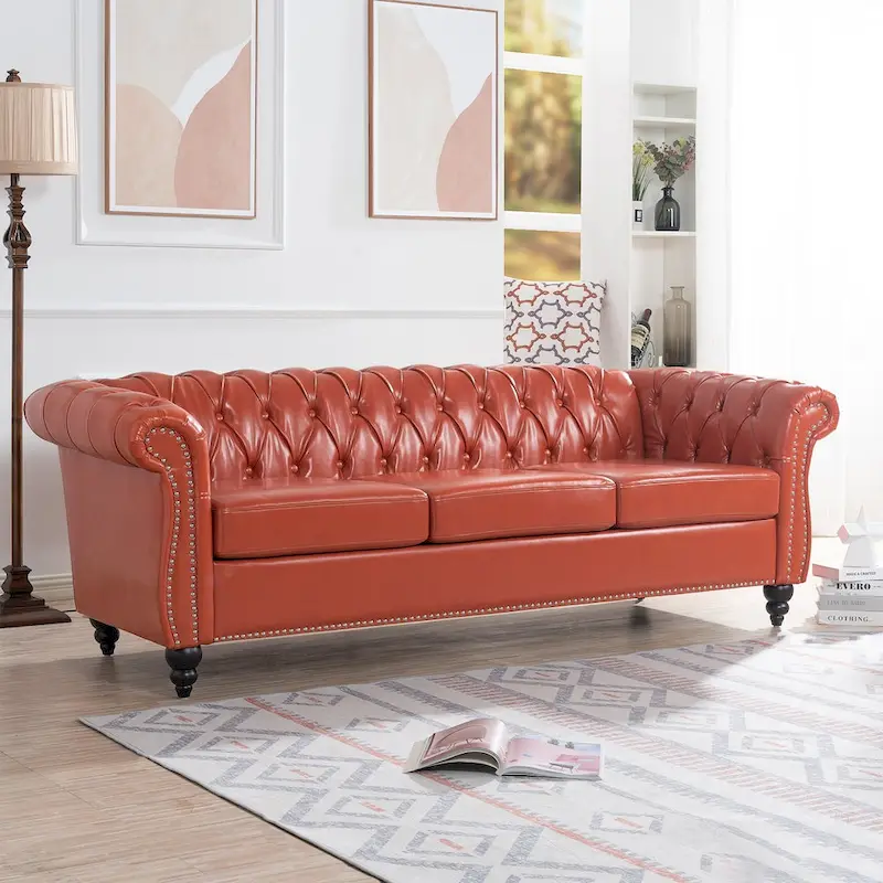 Classically Elegant 84.65 Three-Seater Rolled Arm Chesterfield Sofa in PU Leather - Sturdy Birch Legs, Soft Upholstery