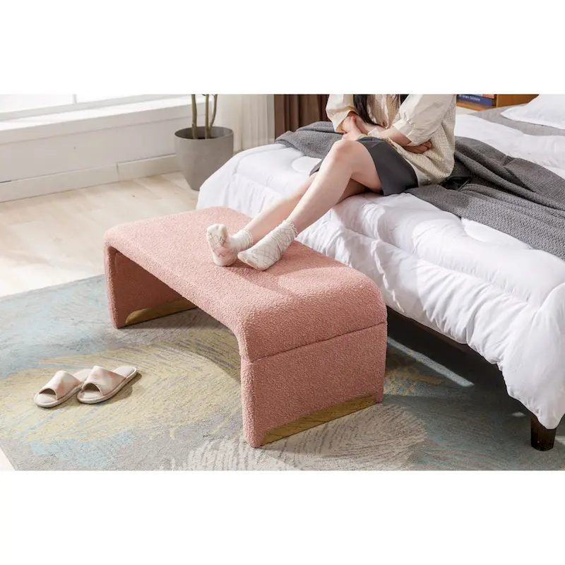 New Boucle Fabric Ottoman Footstool Bedroom Bench Shoe Bench With Gold Metal Legs