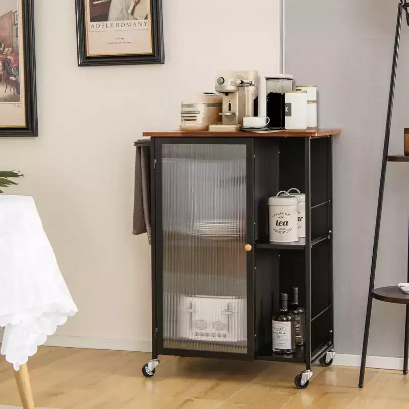 Mobile Serving Cart Metal Kitchen Trolley with Transparent Single Door Cabinet