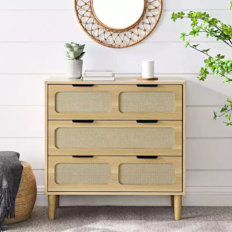 Okak Rustic Dresser for Bedroom with Wide Rattan Drawer, Wooden Chest Closet Storage Cabinet Organizer for Living Room Hallway Entryway