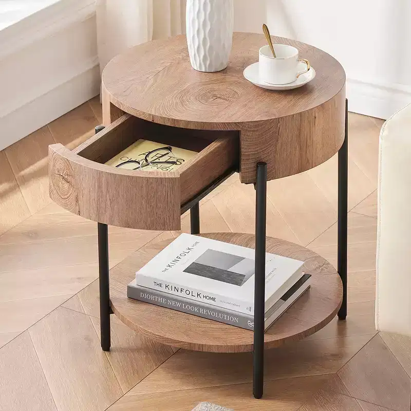 Side Table, Round End Table with Drawer & Storage Shelves, Wooden Bedside Table, Accent Coffee Table for Living Room, Bedroom