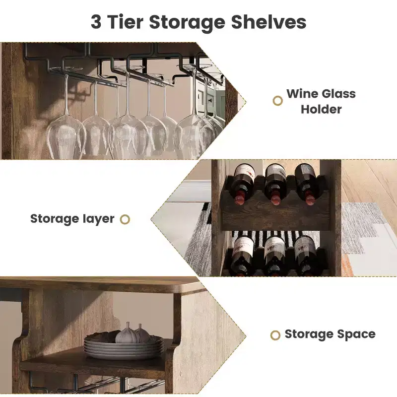 Retro Bar Table and Chair Set for 2 with Wine Rack and Wine Glass Holder, Counter Height Bar Table Set with Open Storage Shelf, Kitchen Dining Table