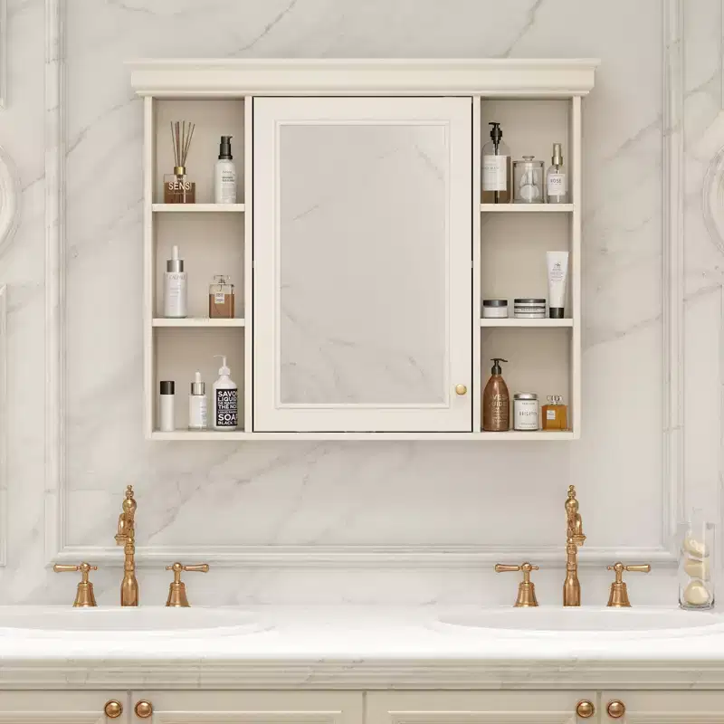 White Wall-Mounted Medicine Cabinet with Mirror Door, 8 Shelves, 1-Person