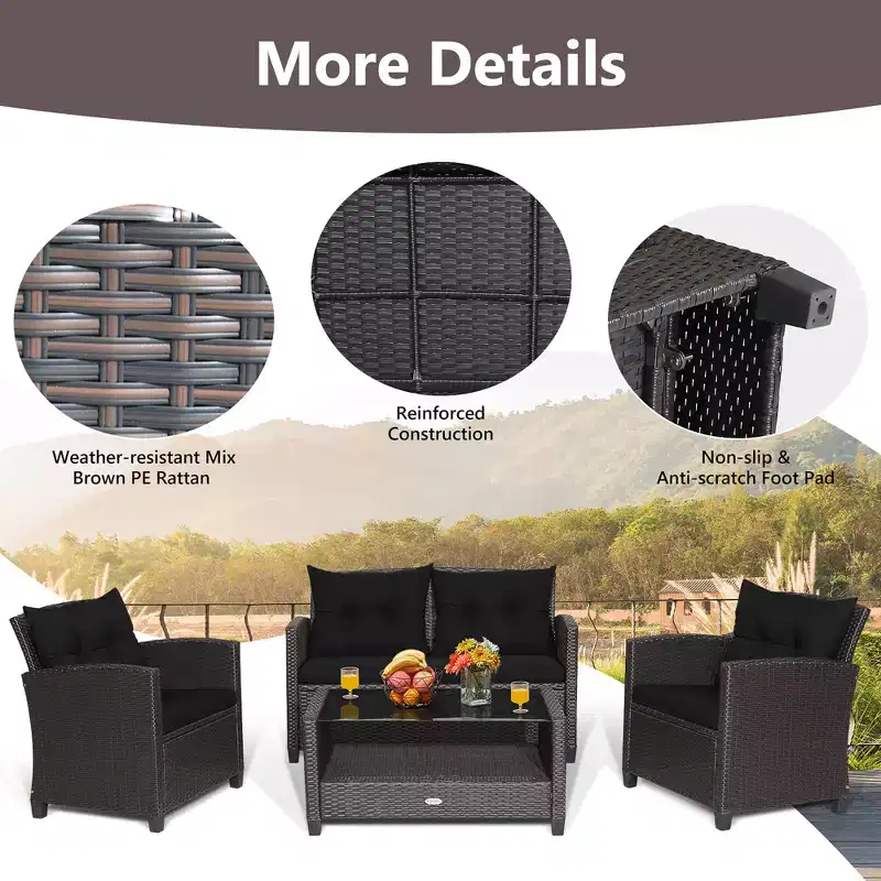 Costway 8 PCS Patio Rattan Furniture Set Glass Table Shelf Sofa Cushion Black/Red/Turquoise/Navy/Gray