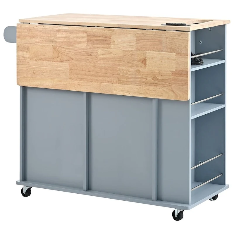 Kitchen Island Cart with Wheels ,Power Outlet, Drop Leaf, Wine Rack