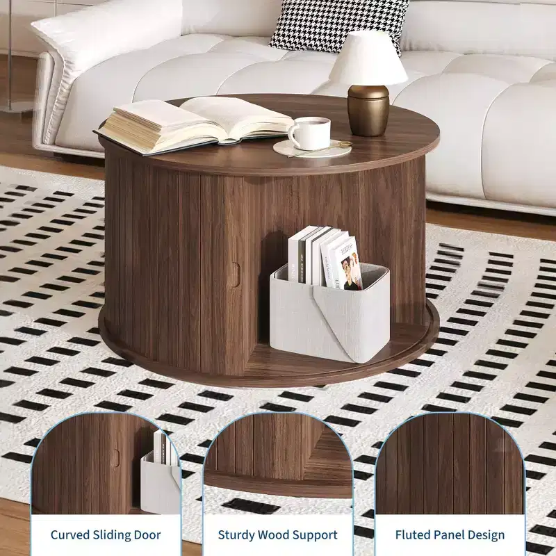 Coffee Table, Round Coffee Tables with Storage, Fluted Center Table, 28 Mid Century Modern Table with Sliding Cabinet Door for Living Room