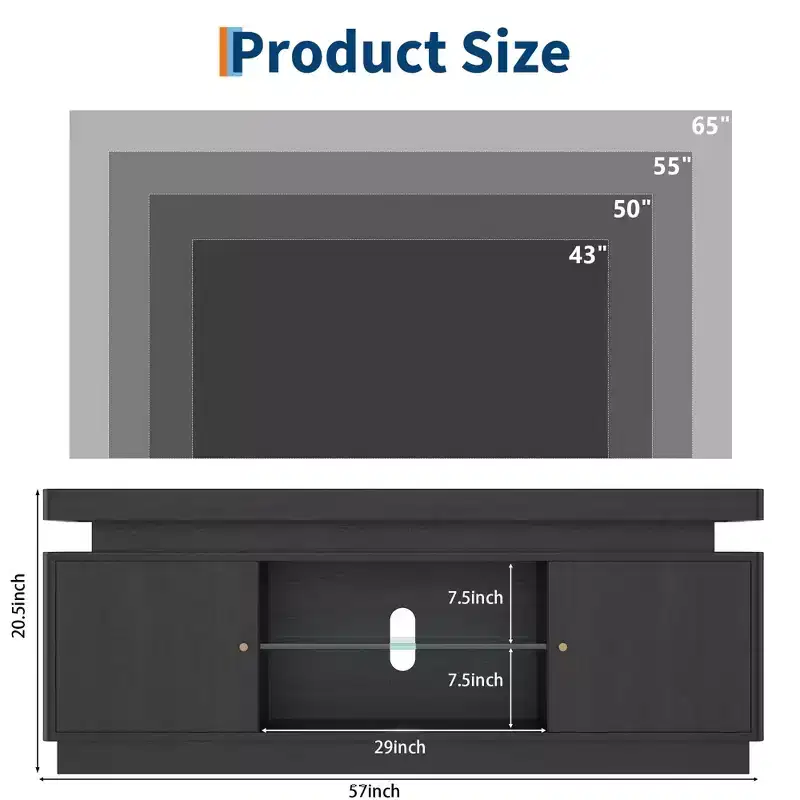 Modern TV Stand for TVs up to 65 in, 63 in Wooden Entertainment Center with Storage Cabinets, 57x15x20.5 in