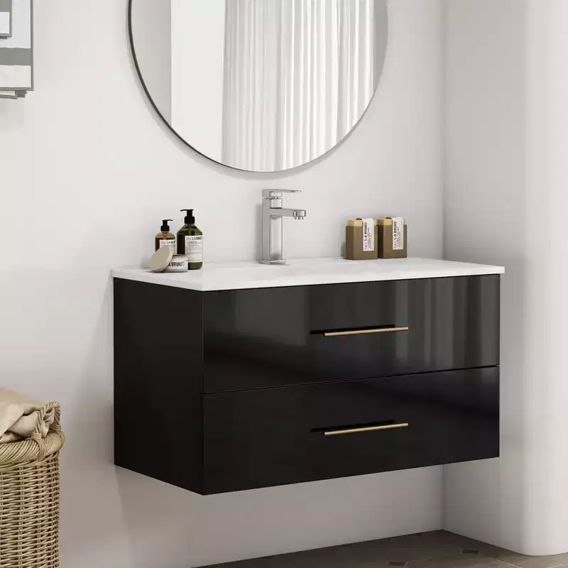 Bathroom Vanity Wall-Mounted with Sink, Double Drawers, Ceramic Sink, Long Metal Handle, Easy to Install