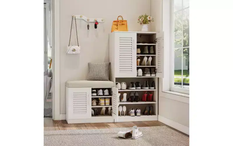47-inch Multi-Function Adjustable Shelf Shoe Cabinet with Storage Compartment and Padded Shoe Bench, White