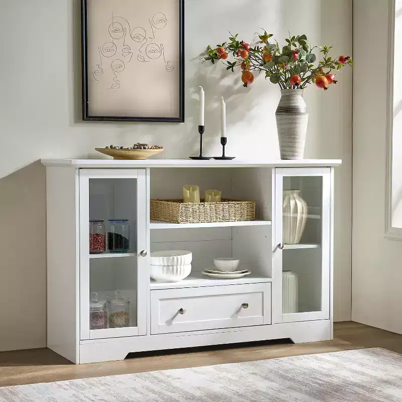 GDFStudio Pearson Modern 51 Wood and Glass Sideboard with Drawer and Adjustable Shelves