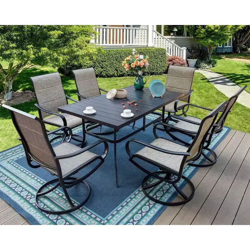 7pc Patio Dining Set with Rectangle Table with 1.57" Umbrella Hole and Steel 360 Swivel Padded Arm Chairs - Captiva Designs