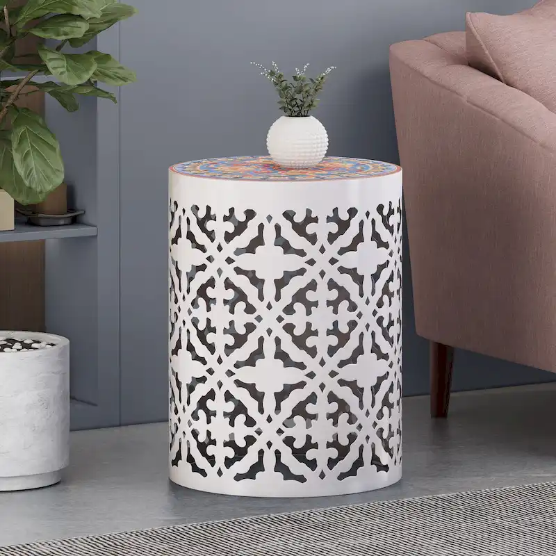Indoor Lace Cut Side Table with Decorative Tile Top | Boho Accent Table