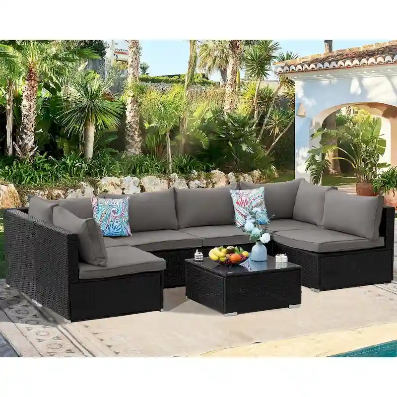 Outdoor Black Wicker 7-Piece Sofa Set with Gray Cushions