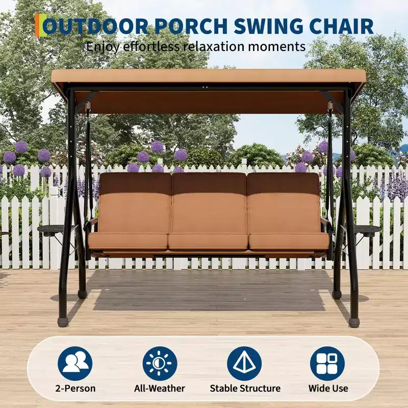 Coolmee 3 Seat Outdoor Porch Swing, 2-in-1 Patio Swing Chair with Thickened Removable Cushions, Weather Resistant Steel Frame for Backyard, Garden