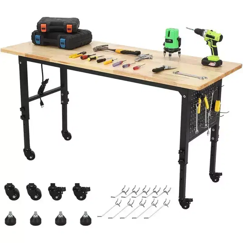 Black Metal Frame Workbench with Wood Top, Pegboard & Wheels – 1-Person, 2000 lbs Capacity