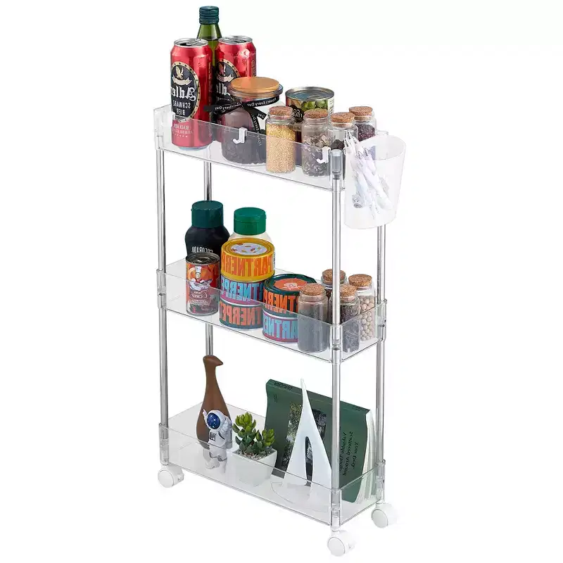 3/4 Tier Rolling Cart, Utility Cart for Kitchen Storage, Mobile Shelves Slide-Out Organizers with 2 Lockable Wheels & Hooks