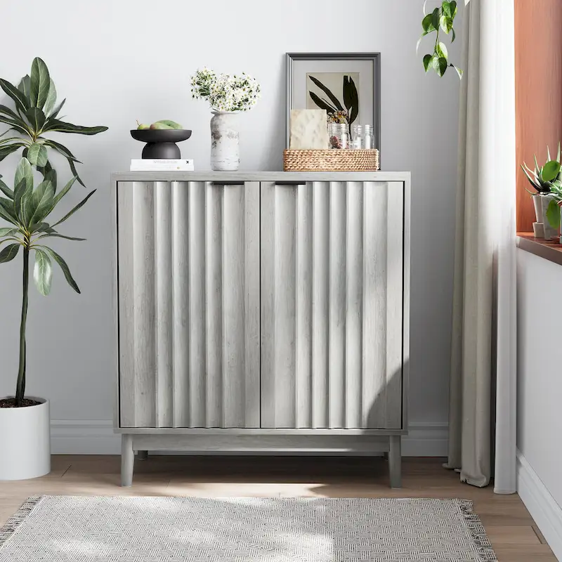 Fluted Sideboard Cabinet, Freestanding Wash Grey Buffet Cabinet with Adjustable Shelf, Wood Storage