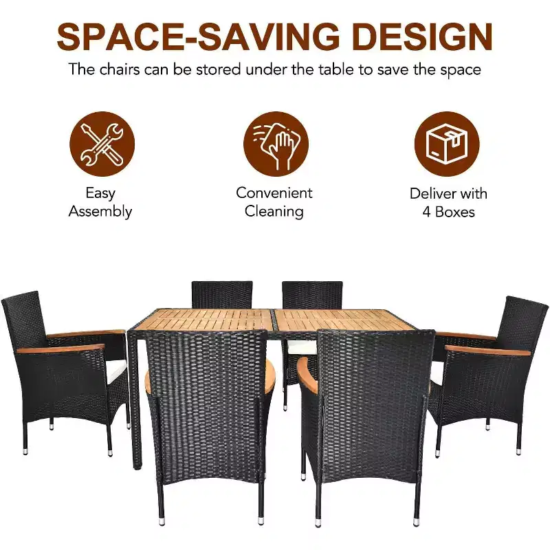 VINGLI 7 Pieces Patio Dining Set, Wicker Outdoor Dining Set for 6 Patio Furniture Set with Acacia Wood Table Outdoor Table and Chairs for Garden