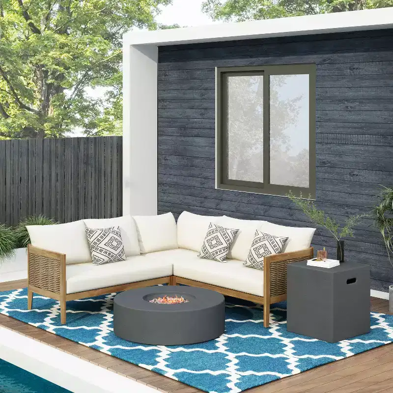 GDFStudio Crowne Outdoor Acacia Wood and Round Wicker 5 Seater Sectional Sofa Chat Set with Fire Pit