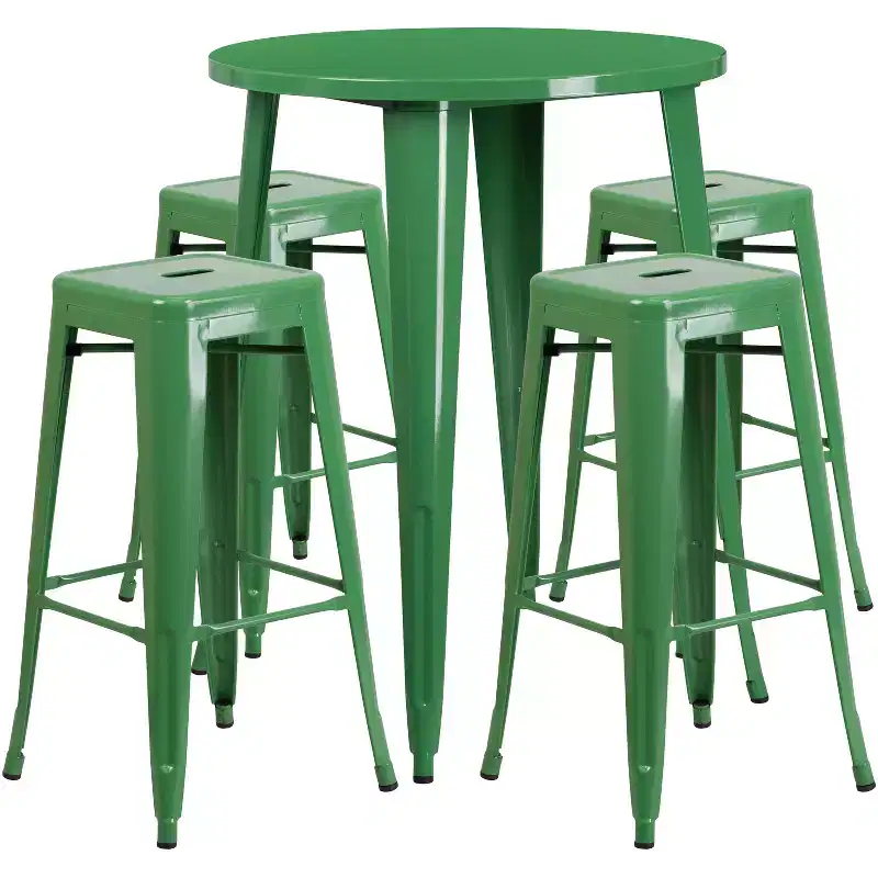 Emma and Oliver Commercial Grade 30 Round Metal Indoor-Outdoor Bar Table Set, 4 Backless Stools