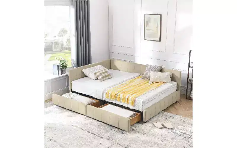TUYOHW Mid-Century Velvet Upholstered Daybed Sofa Bed Frame with 2 Drawers, Eucalyptus Wood Storage Bed Frame Full Size for Bedroom & Living Room