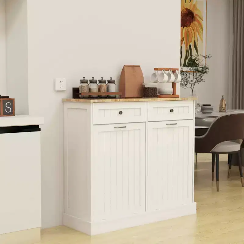 White Kitchen Trash Cabinet, 2 Drawers + 2-Compartment Tilt-Out Organizer for Waste Sorting