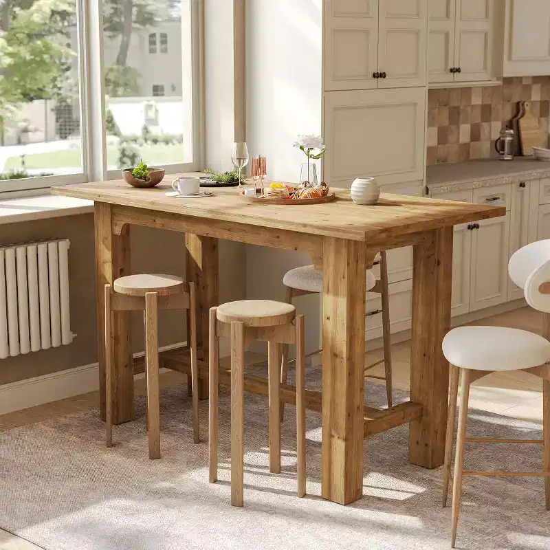 Solid Wood Bar Table, 63-Inch Long Counter Height Pub Table, High Home Bar Furniture for Kitchen