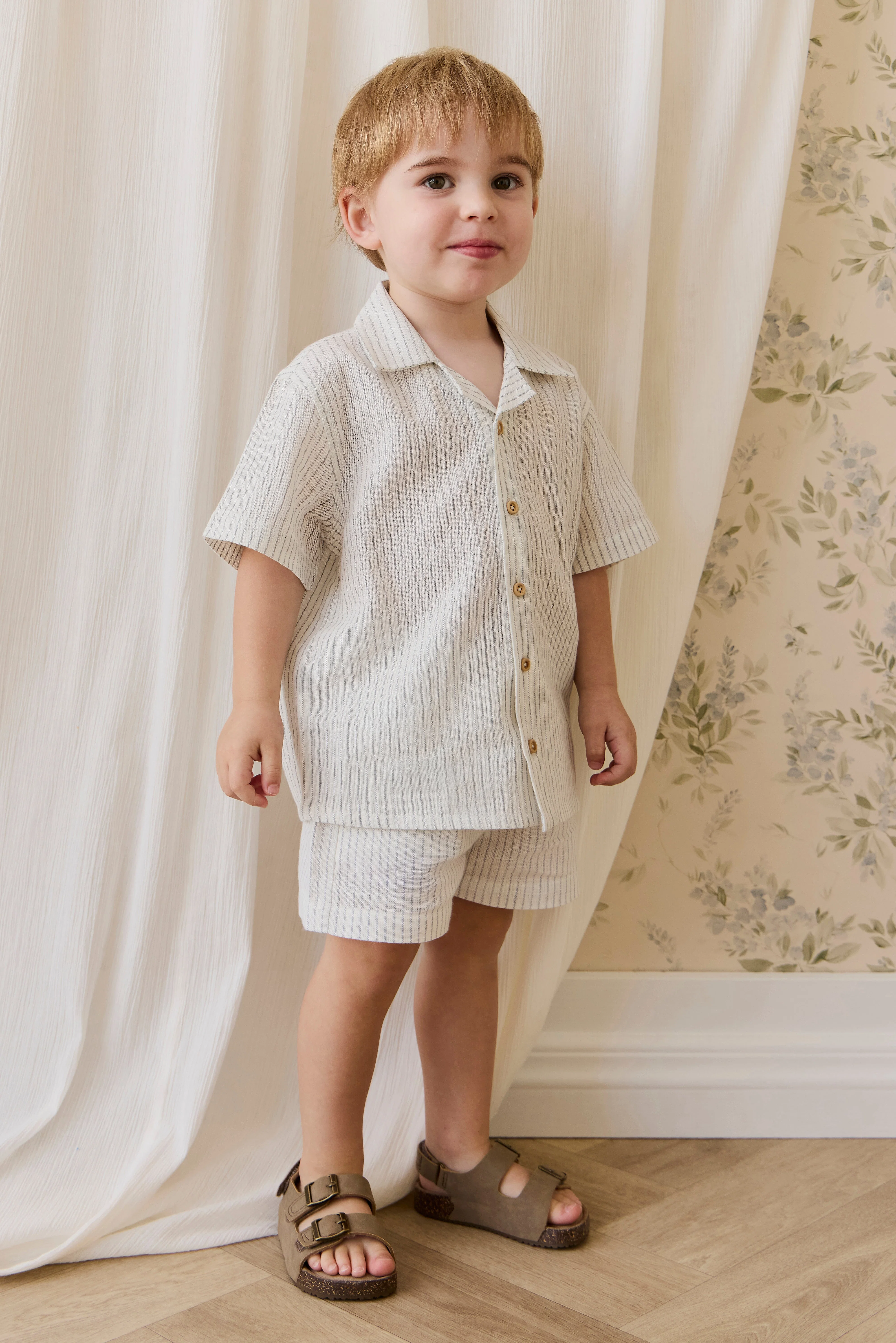 Casual Parchment Mini Pinstripe Organic Cotton Short with Relaxed Fit & Decorative Tie for Kids 6M–8Y