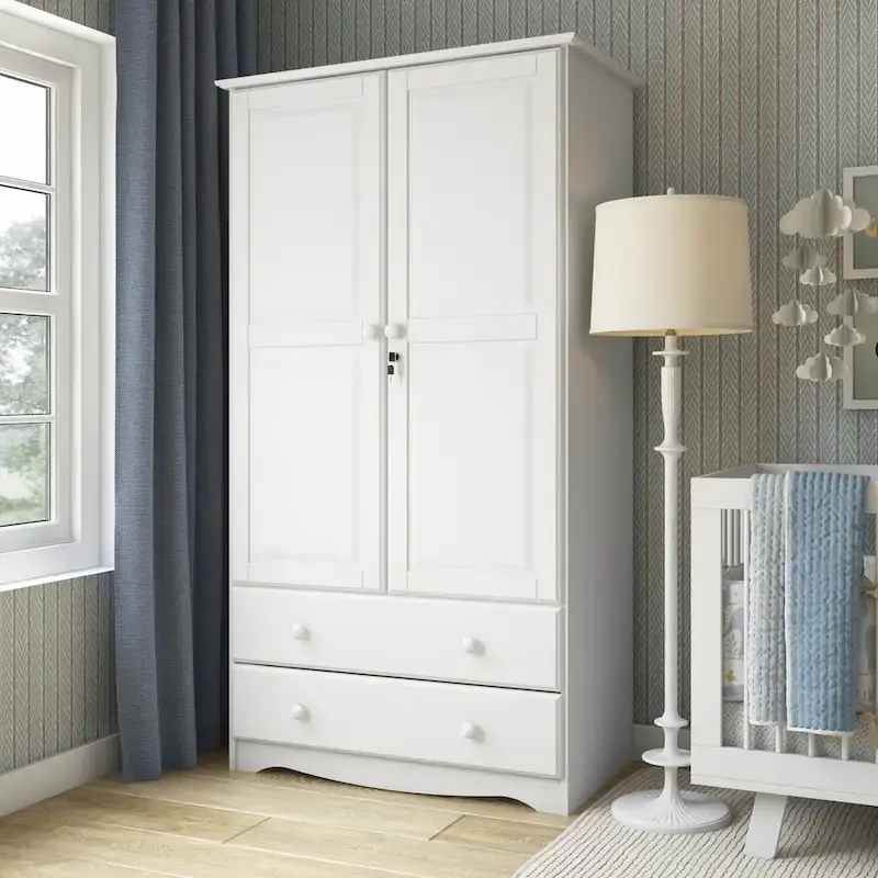 100% Solid Wood Smart Wardrobe Armoire with 2 Drawers, Metal or Wooden Knobs
