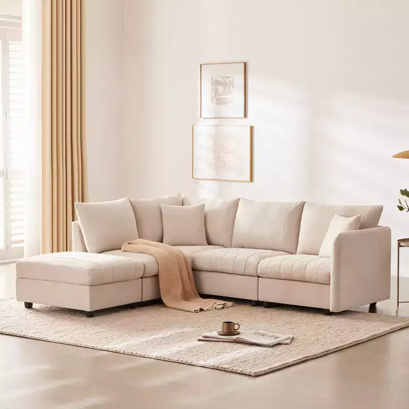 89'' L-Shaped Modular Sectional Sofa with Ottoman, Vertical Stripe Cushions, 5-Seat Comfy Couch for Living Room or Apartment