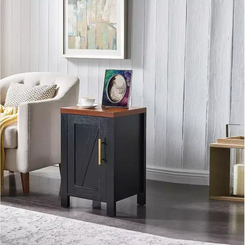 Modern Side End Table Nightstand with Storage Cabinet & Shelf for Bedroom, Living Room, or Office