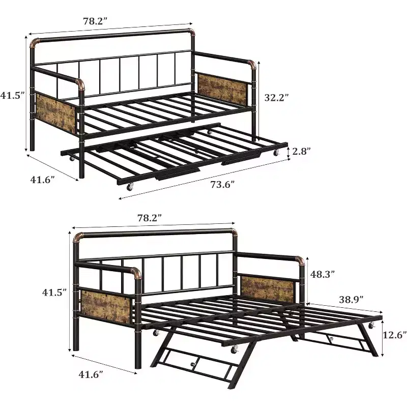 Daybed with Trundle Bed, Twin Bed Frame with Steel Slats, Sofa Bedframe with Strong Supports for Living Room, Bedroom, Brown