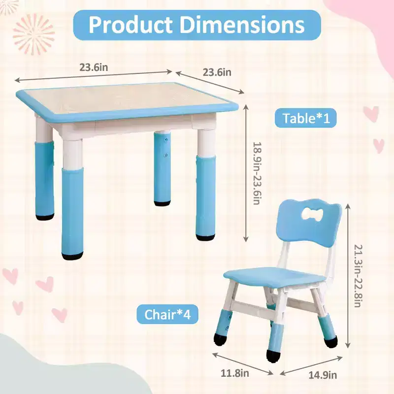 Kids Table and 4 Chairs Set, Height Adjustable 18.9-23.6, Non-Slip Legs, Wipe-Clean Graffiti Desktop, Toddler Activity Table for Home, Preschool