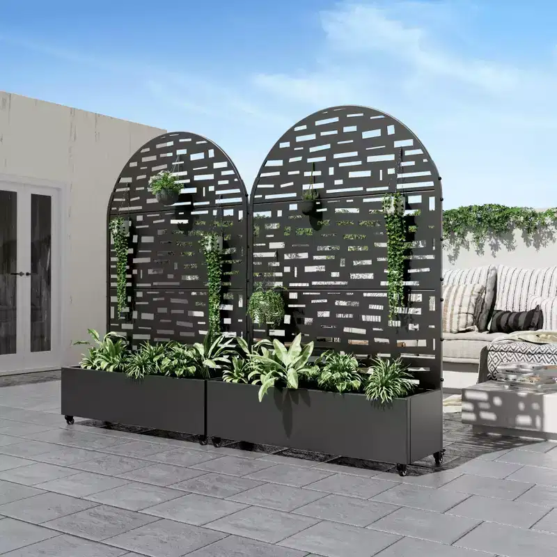 Planter Box with Trellis Iron Black Arch Gerald Wide Edge Street Style 72x47x16in 3-Piece Set