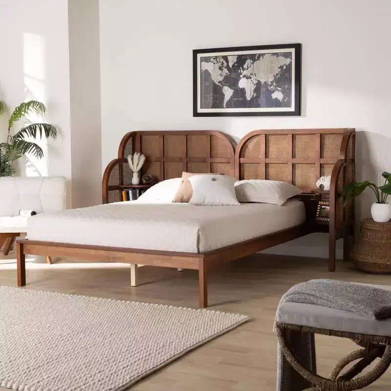 Cascadia King Size Wingback Platform Bed - Walnut Brown Rattan