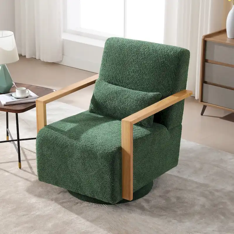 Mid-Century Boucle Upholstered Swivel Armchair With Pillow