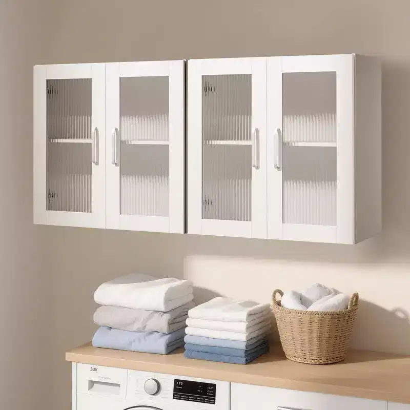 VEVOR Laundry Room Wall Cabinet, 2-Tier Wall Mounted Cabinet with Adjustable Shelf, Cupboard Storage with 4 Doors, Set of 2, White