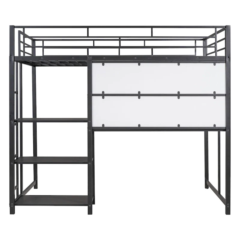 Full Size Metal Loft Bed with Desk, Whiteboard, 3 Shelves & Ladder | Black