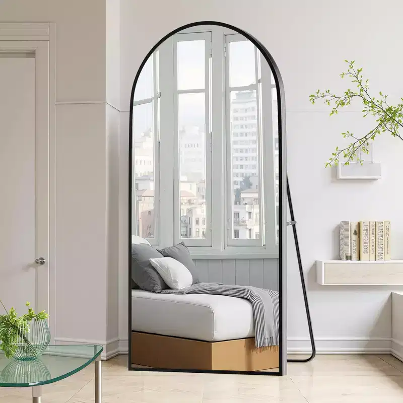Aluminum Alloy Thin Edged Right Angled Arched Black Full-Length Mirror 180x96x1.5cm (With Bracket)