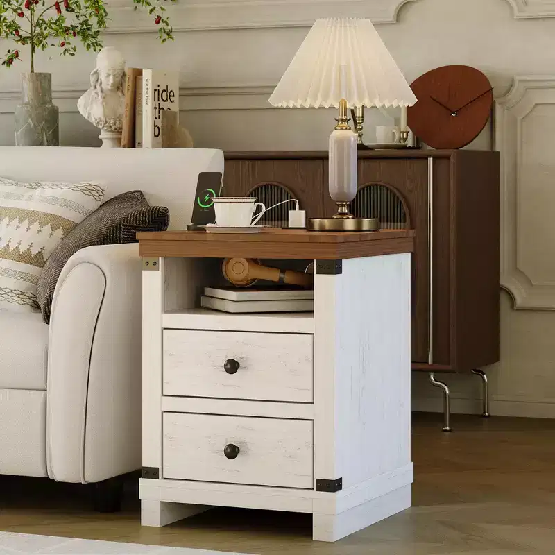 Brown Wood Nightstand with Charging Station – 2 Drawers, 1 Person