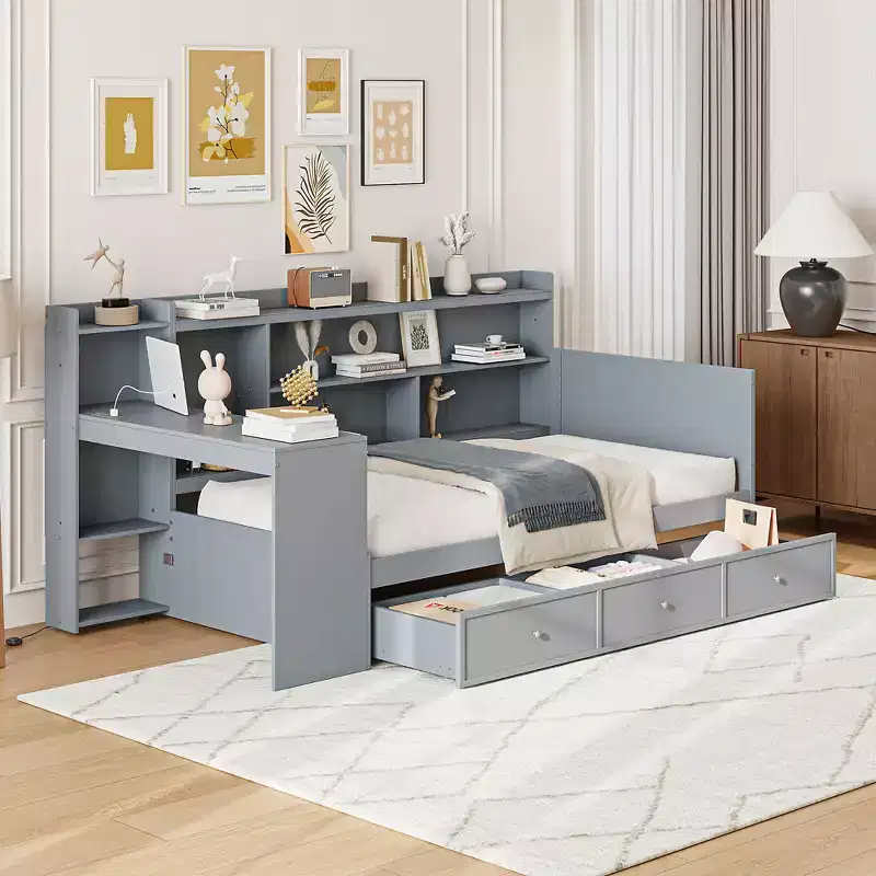 Twin/Full Size Daybed with 3 Drawers, USB Ports and Desk