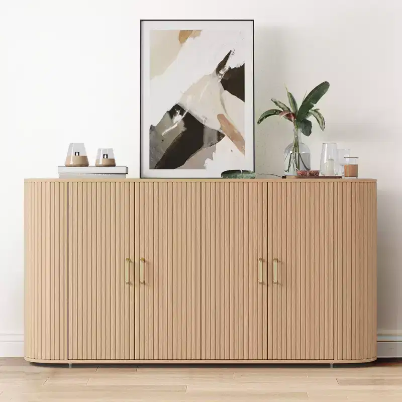 63 Sideboard Buffet Cabinet, Fluted Entryway Coffee Bar Cabinet with 4 Doors, Wooden Media Console Table, Accent Credenza for Living Room Kitchen