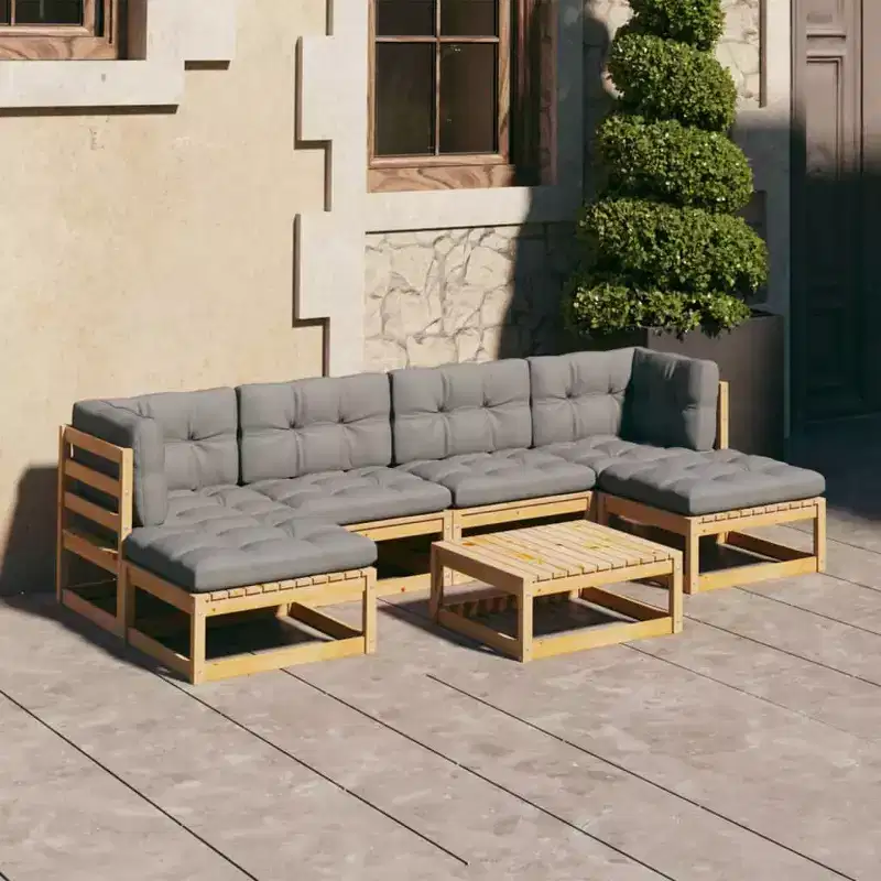 vidaXL 7 Piece Patio Lounge Set with Cushions Solid Wood Pine - Natural, Cushion Included