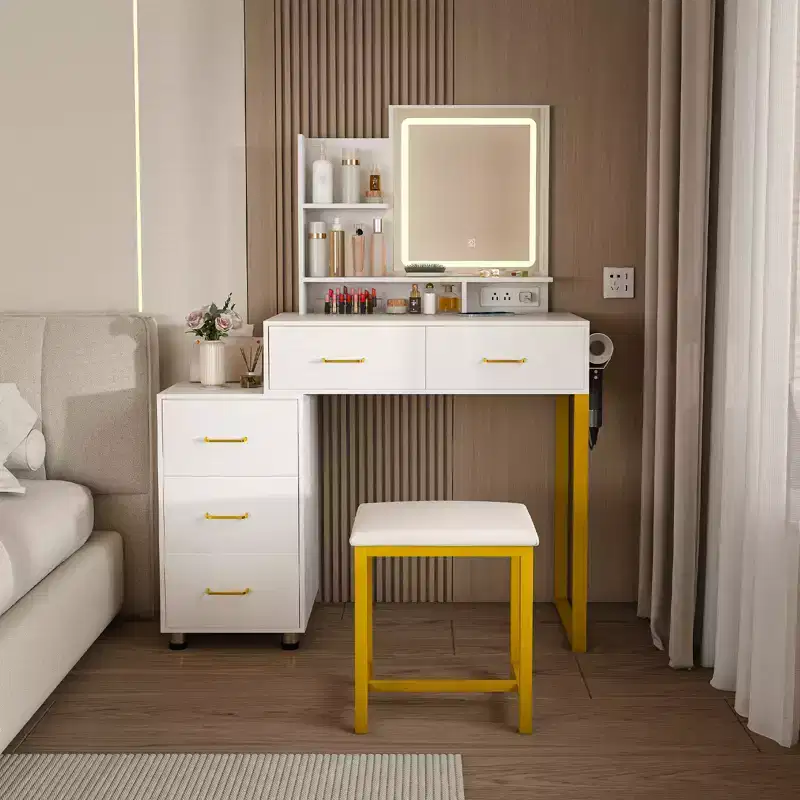 GDFStudio Rovan Modern Mirror Vanity Set with Adjustable LED, Power Outlet, Drawers and Open Shelves