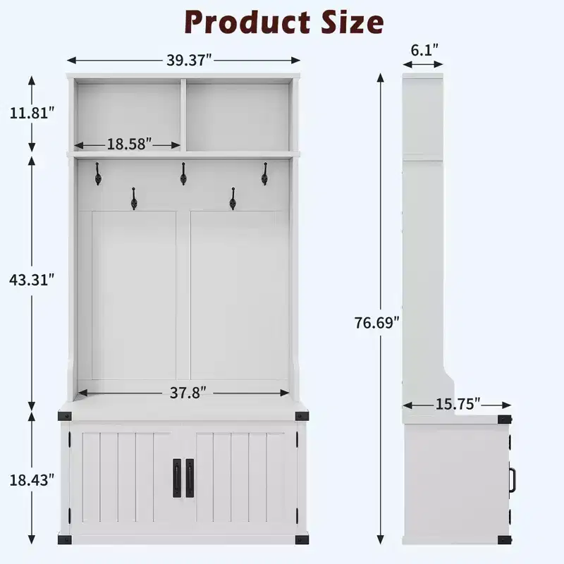 76 Inch Hall Tree with Bench and Shoe Storage, 4-in-1 Entryway Organizer with Coat Rack, 5 Hooks and Adjustable Shelf