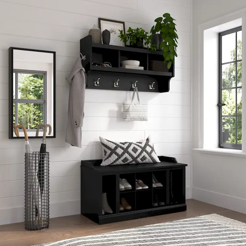 Woodland 40W Shoe Bench w/ Shelves & Wall Coat Rack by Bush Furniture